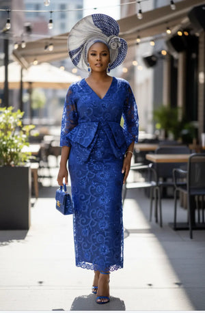 Jacque Royal-Blue African Lace Dress with Slit for Nigerian Wedding Guest – Elegant African Clothing for Women by Dupsie’s African Fashion DPDRBSR17