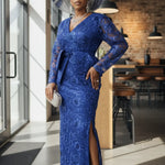 Front view of Jacque royal-blue African lace dress with slit by Dupsie’s African Fashion, elegant African clothing for women and Nigerian wedding guest dress