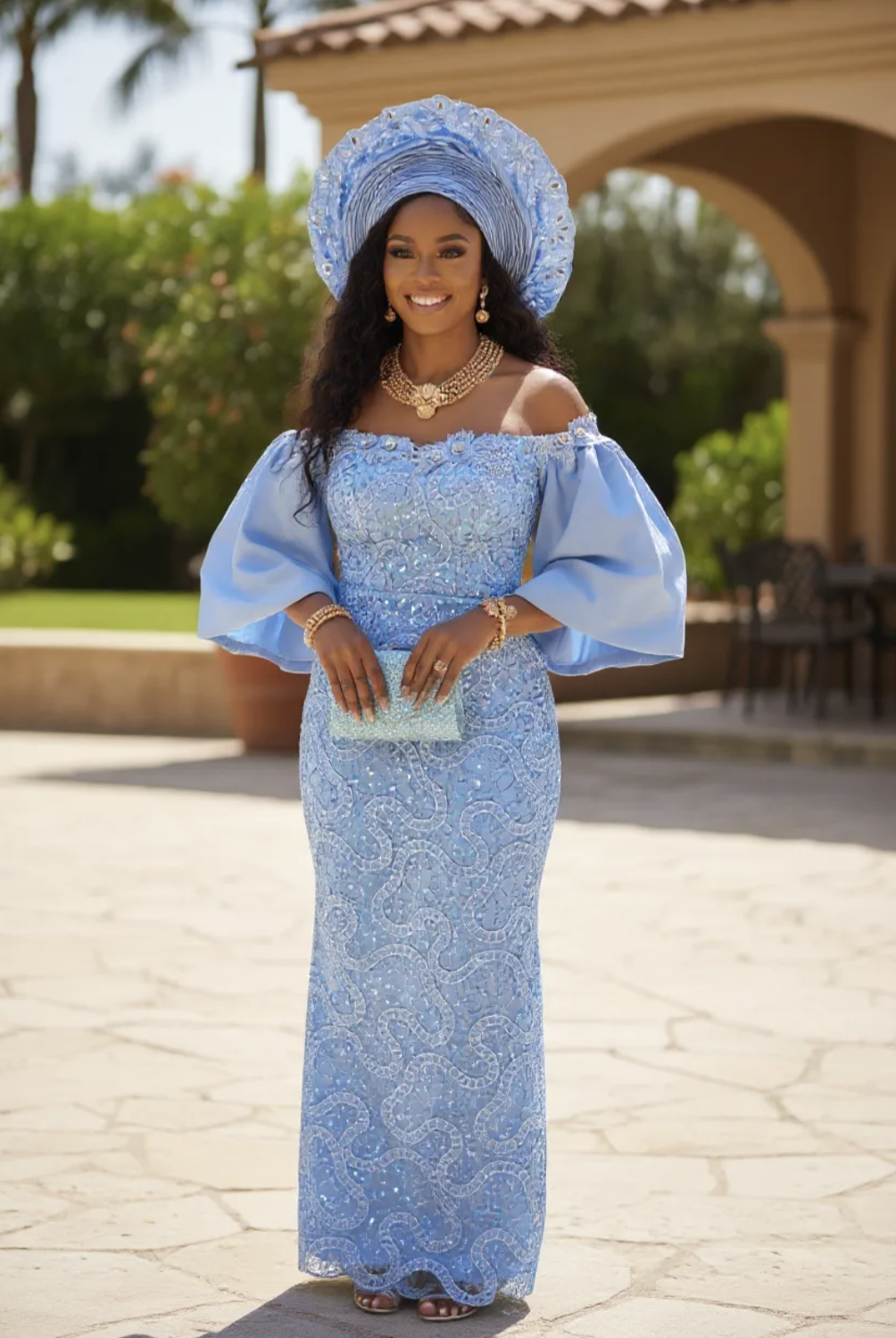 Light‑blue off‑shoulder sequin lace bustier African dress with cape sleeves by Dupsie’s African Fashion, elegant for weddings and Aso Ebi