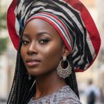 Front view of Oge red grey black blue Aso Oke Autogele African hat for women by Dupsie’s African Fashion 