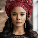 Dupsie’s Red and Silver Damask Aso Oke Autogele, a stunning African head wrap for women.