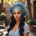 Silver and turquoise-blue Aso Oke Autogele ready gele African head wrap front view by Dupsie’s African Fashion for African clothing for women.