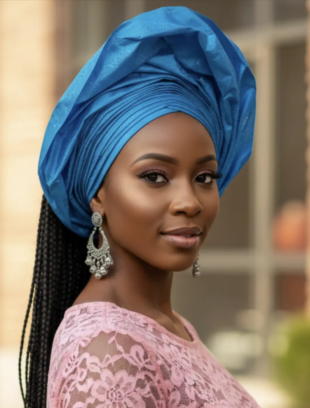 Turquoise Blue Pleated Turban Headwrap Women Statement Top Knot Fashion Hat Turquoise-Blue Sego Autogele Ready Gele Crown Hat “Nkenna  main image 2