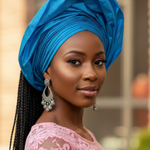 Turquoise-Blue Sego Autogele ready gele Crown hat “Nkenna” by Dupsie’s African Fashion, Nigerian pre-tied head wrap for African weddings and African clothing for women.