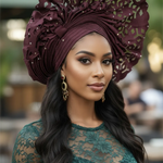Wine Aso Oke Autogele ready gele crown hat “Bose” by Dupsie’s African Fashion, front view African hat for women for Nigerian weddings and African clothing for women.