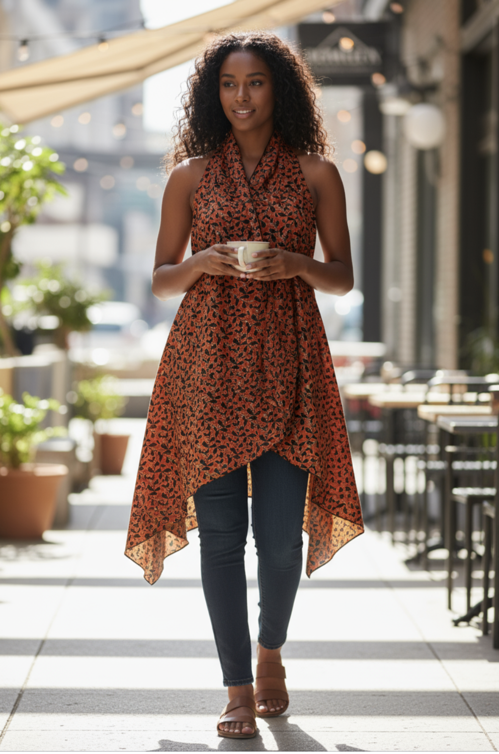 Women’s African print vest shawl in burnt orange and black leaves; modern layering piece coffee tea dress