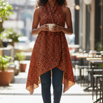 Women’s African print vest shawl in burnt orange and black leaves; modern layering piece coffee tea dress