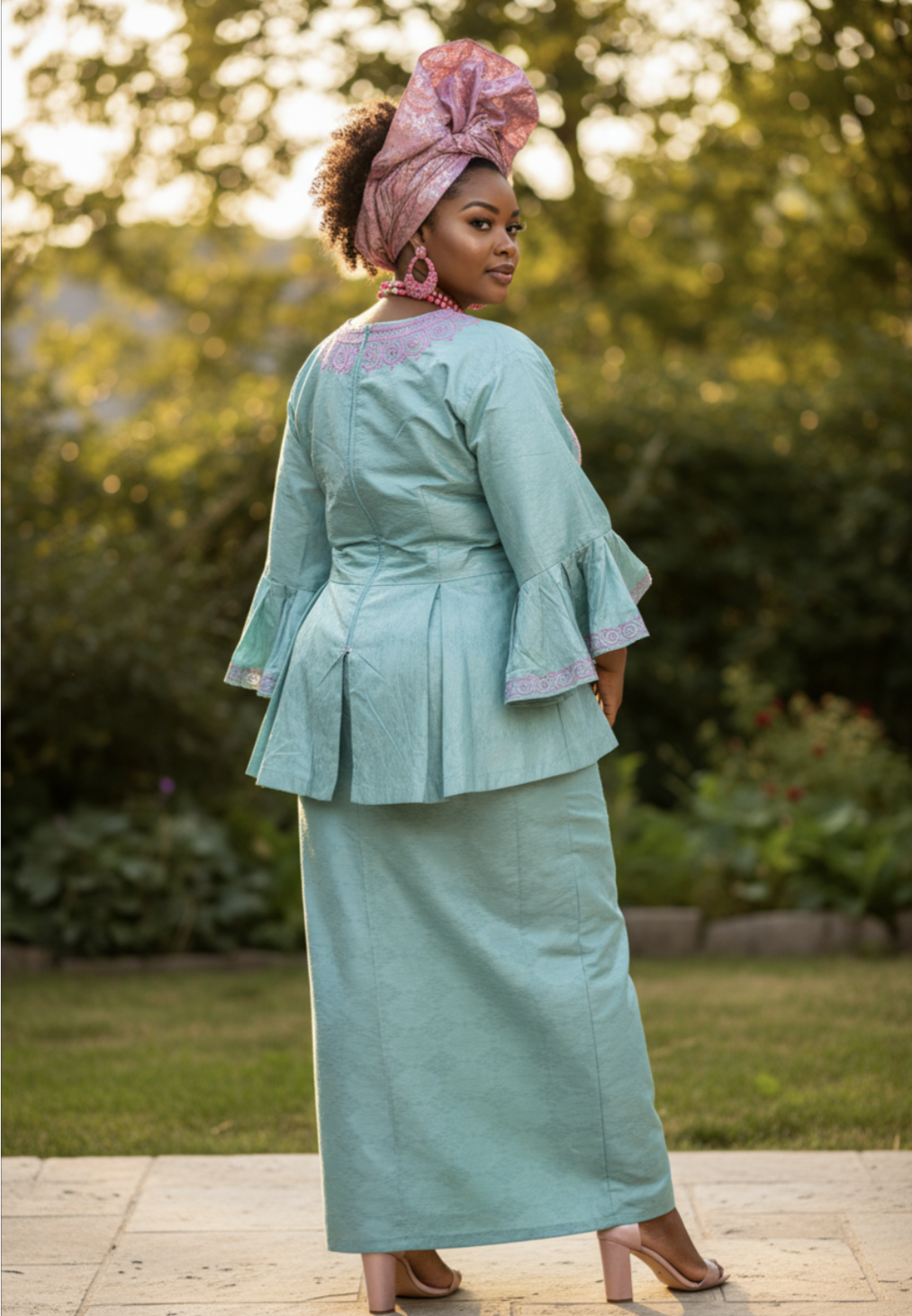 Mint‑green African brocade peplum set with back view pink embroidery by Dupsie’s African Fashion. Pink pre‑tied Autogele sold separately