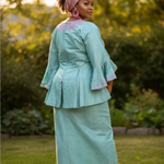 Mint‑green African brocade peplum set with back view pink embroidery by Dupsie’s African Fashion. Pink pre‑tied Autogele sold separately