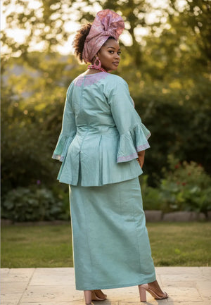 Kristin MintGreen African Brocade Peplum Top and Drawstring Skirt 3X(22W) Kristin MintGreen African Brocade Peplum Top and Drawstring Skirt 3X(22W)