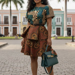 Ejiro African print dress showcasing front view with vibrant Ankara patterns.


