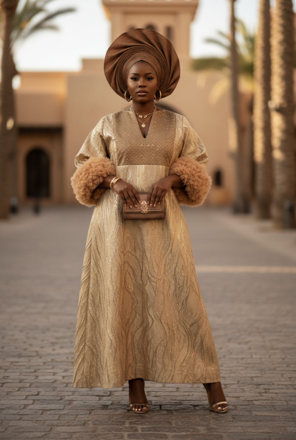 Champagne and brown rhinestone pullover dress with ruffle sleeves by Dupsie's African Fashion, featuring a V-neckline and a shiny, glittery fabric