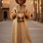 Champagne and brown rhinestone pullover dress with ruffle sleeves by Dupsie's African Fashion, featuring a V-neckline and a shiny, glittery fabric