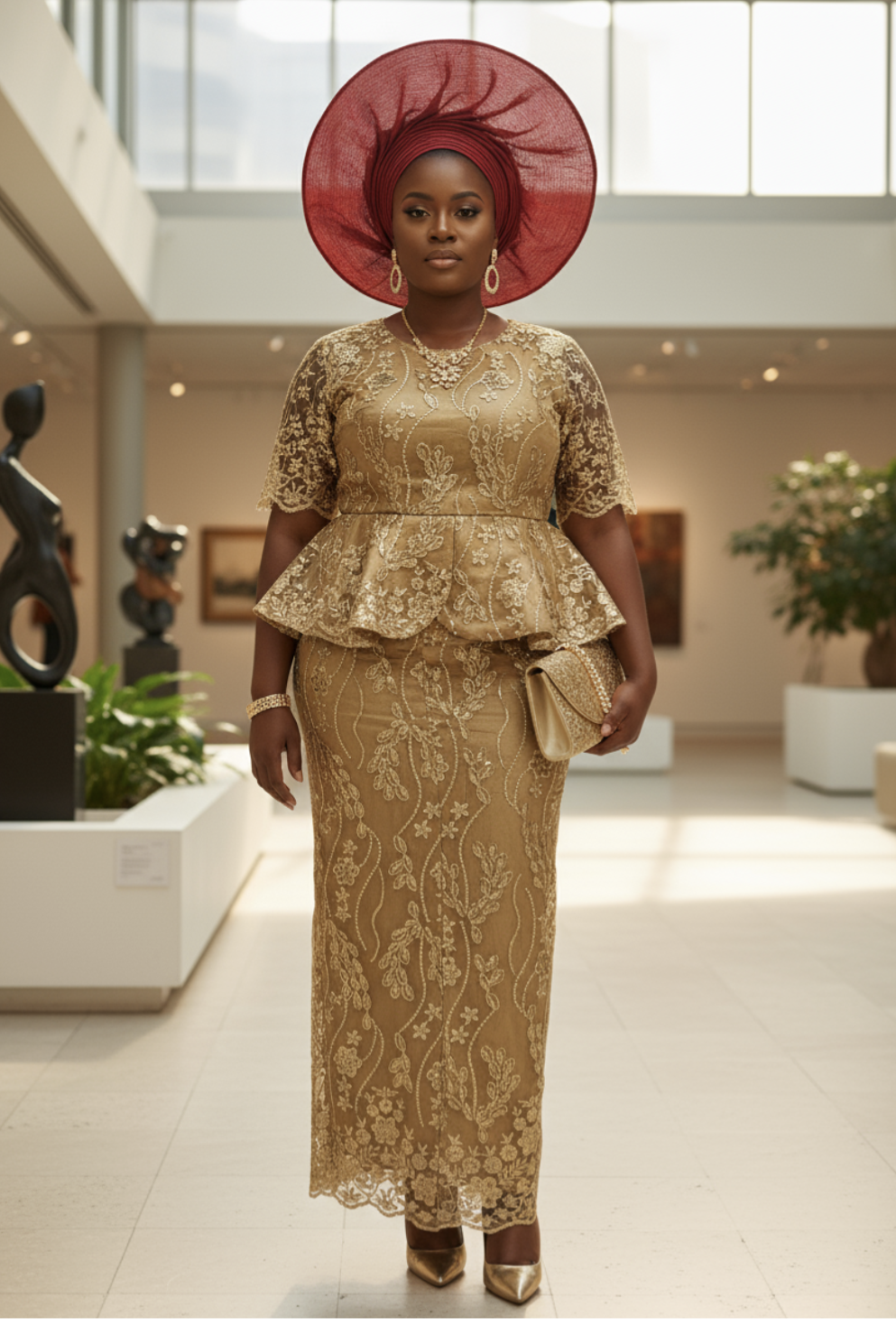 Elegant Gold African Peplum Top with Net Sequins Lace and Flare Skirt by Dupsie's African Fashion, designed for a sophisticated look at special events. 