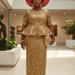 Elegant Gold African Peplum Top with Net Sequins Lace and Flare Skirt by Dupsie's African Fashion, designed for a sophisticated look at special events. 