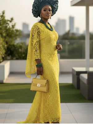 sachin and babi light blue dress Addunola Elegant Yellow Asymmetrical Neckline African Sequin Lace