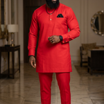 Emet Red African Senator Kaftan Dashiki Suit for Men – Long Sleeve Shirt & Pants DPASAR97 by Dupsie's African Clothing