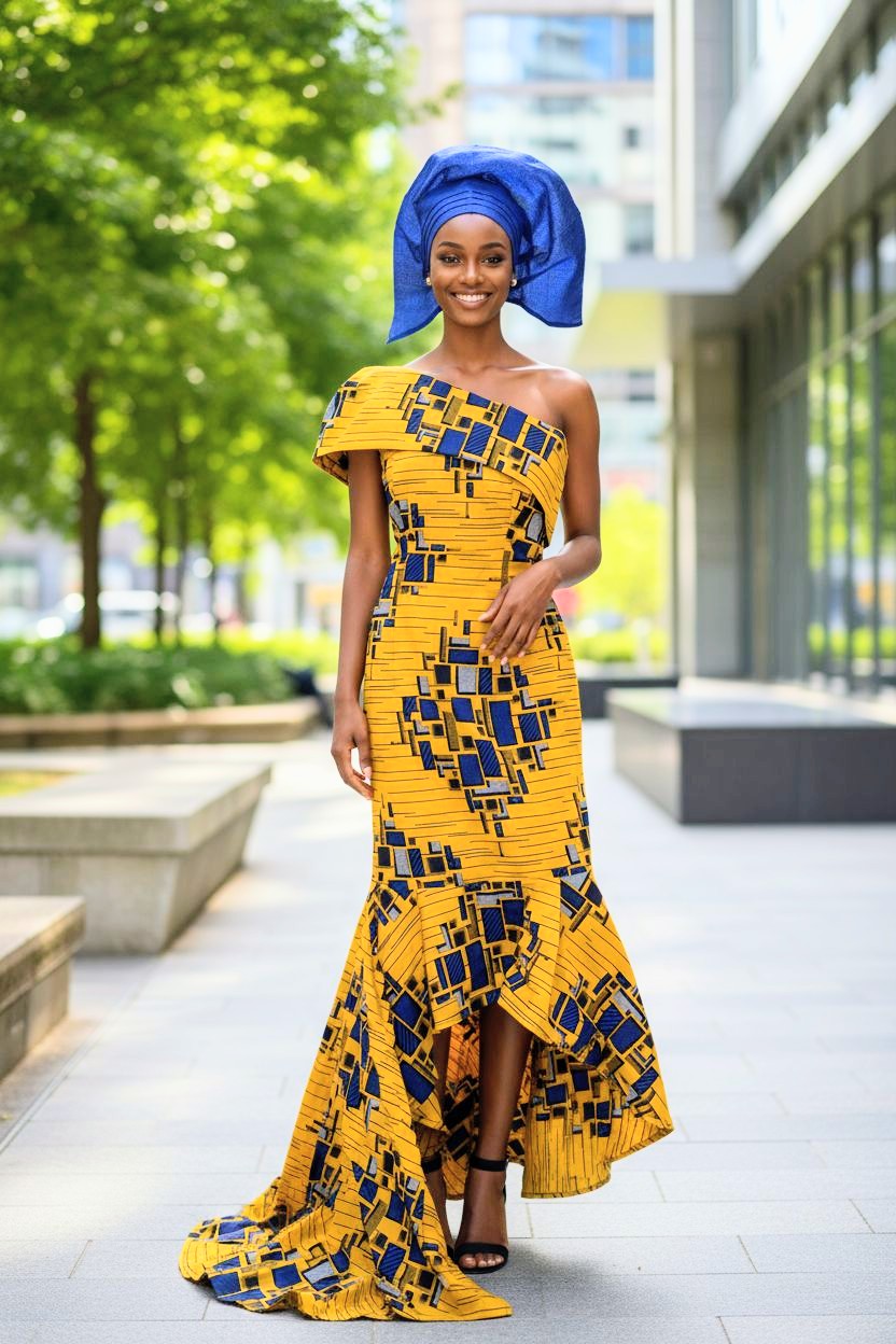 African dayor evening dress for weddings, galas, and cultural events; high-low African Ankara train dress by Dupsie’s African Fashion.