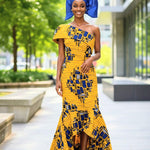 African dayor evening dress for weddings, galas, and cultural events; high-low African Ankara train dress by Dupsie’s African Fashion.