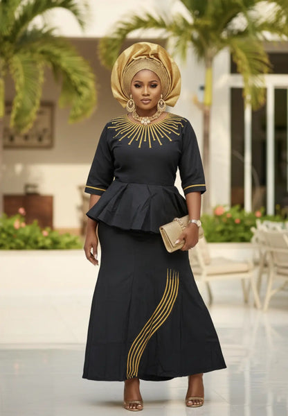 Faridda Gold Embroidered Black Brocade African Top and Skirt Suit for Women – Luxury African Clothing, Formal African 2‐Piece Set by Dupsie’s African