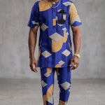 Faruq short sleeve African Dashiki shirt for men featuring blue geometric African-inspired print and beige accents.