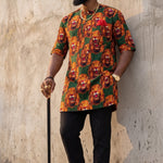 Festus Green Igbo Isiagu Lion Print Velvet Dashiki Shirt for Men DPISGORW32 by Dupsies