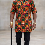 Festus Green Igbo Isiagu Lion Print Velvet Dashiki Shirt for Men DPISGORW32 by Dupsies