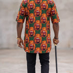 Festus Green Igbo Isiagu Lion Print Velvet Dashiki Shirt for Men DPISGORW32 by Dupsies