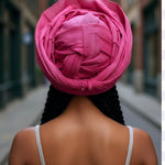 Back view demonstrating the velcro fasteners of Fifi head wrap.