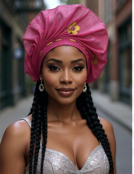 Fifi: Fuchsia Aso Oke Autogele Pre-Tied Ready Gele Head Wrap  display picture 2