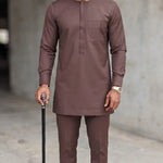 Frank coffee-brown African Senator Kaftan top and matching pants for men by Dupsie's African Fashion