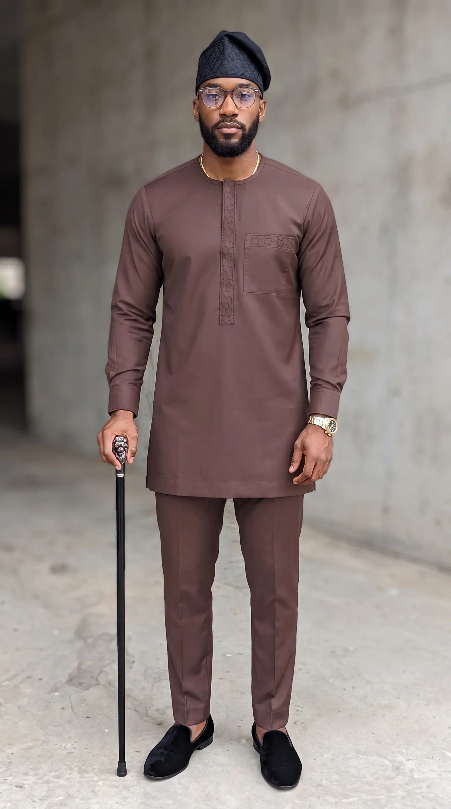 Coffee-brown embroidered African Senator kaftan and matching trousers