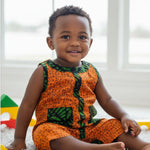 Orange and green Ankara African print snap button toddler onesie by Dupsie's African Fashion for African children's fashion.