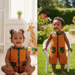Frema Orange and Green Ankara African print toddler onesie front view featuring authentic African clothing for toddlers by Dupsie's African Fashion.