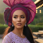 Fuchsia pink and light blue Onjawu Aso Oke Autogele Kewa by Dupsie’s African Fashion, front view Nigerian wedding African hat for women with fan-like crown.