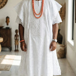 Funsho Silver Embroidered All-White African Agbada for Men by Dupsie's African Fashion featuring premium lace, rhinestones, embroidered Buba and Sokoto pants.