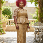 Gold African Net Sequins Lace Peplum Top and Flare Skirt from Dupsie's African Fashion, showcasing shimmering fabric perfect for special occasions. 