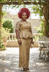 Zaraitha Gold African Net Sequins Lace Peplum Top and Flare  display picture 3
