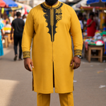 Gold and black embroidered African Dashiki top for men with matching pants