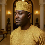 Ami-Dupsie Gold Embroidered African Aso Oke Fila Cap Hat for Men | Nigerian Yoruba African Fashion DPHDUP5 by Dupsies