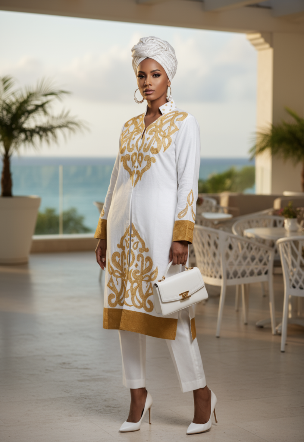 Gold embroidered detail on a white dashiki-style tunic from the LaToya ensemble.