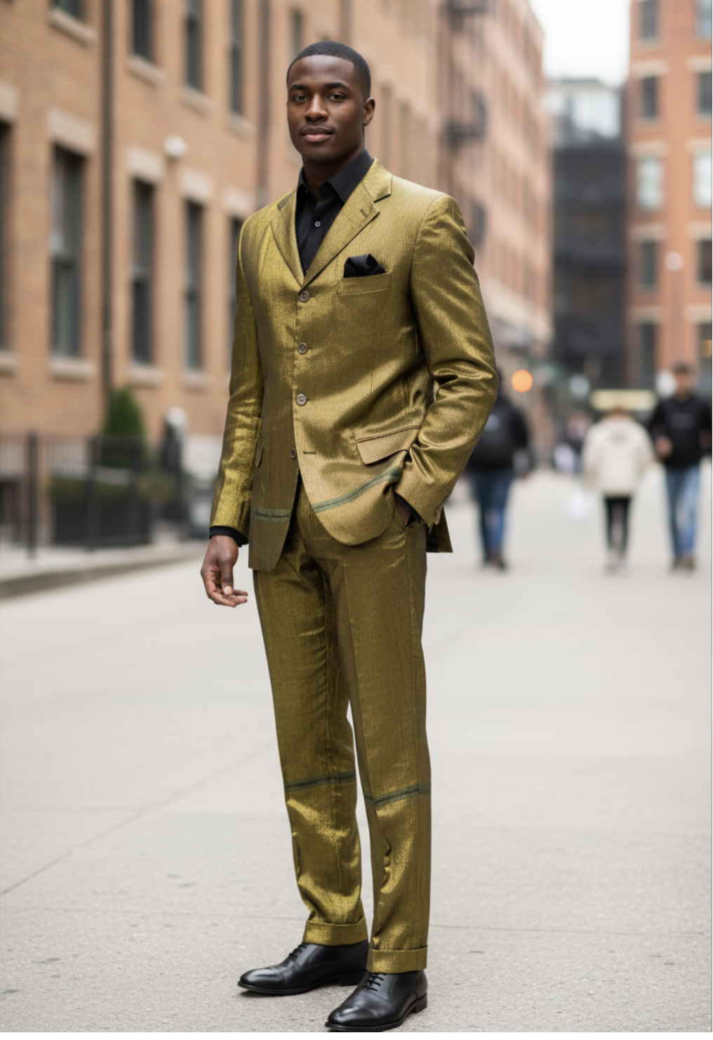 Gold pinstripe Aso Oke suit jacket with detailed craftsmanship, designed by Dupsie's African Fashion