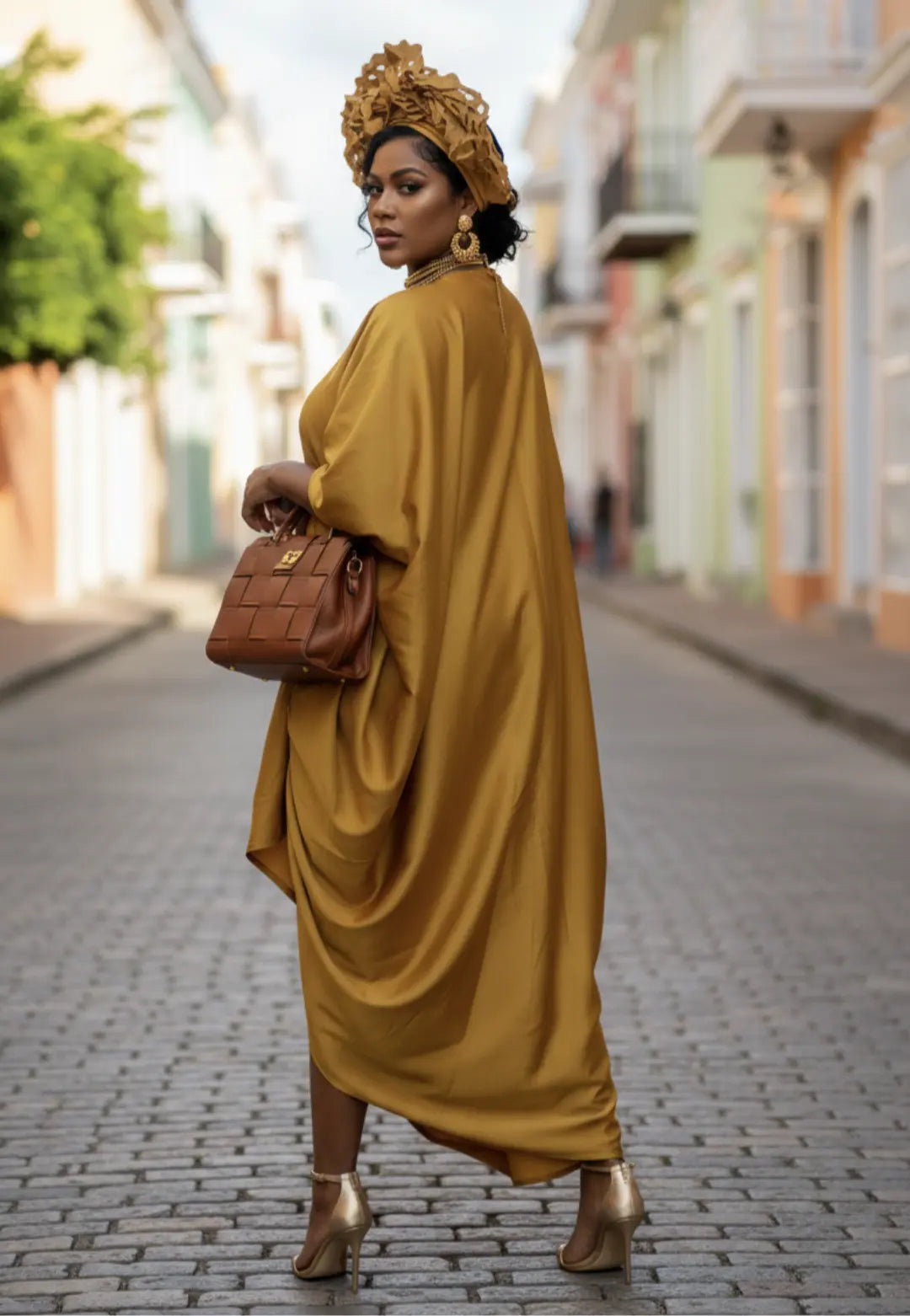 Solange Gold Satin Silk African Dress with Slit – Nigerian Wedding Guest African Fashion for Women by Dupsie’s African Clothing DPSDGT31