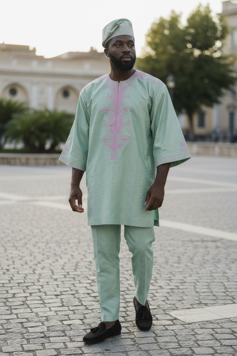 Model wearing a green African Brocade Dashiki top with pink embroidery and matching green drawstring pants; pockets on the top; hat sold separately by Dupsie's African Fashion