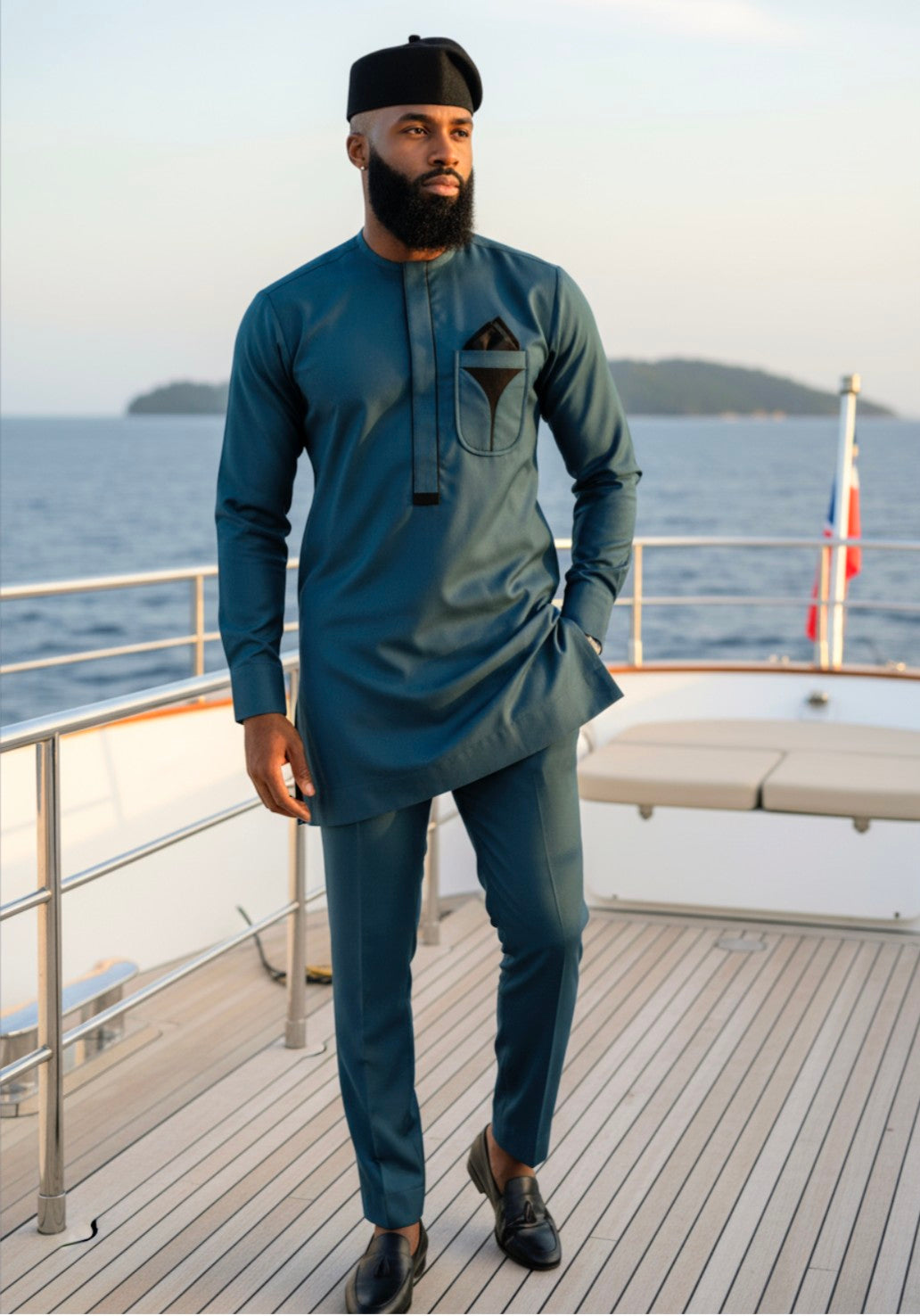 Matching green drawstring pants featuring elegant embroidery design for men 