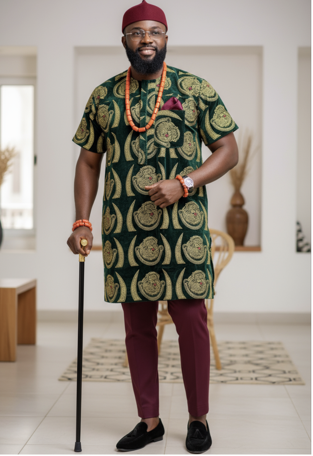 Stylish Green and Gold Velvet Isiagu Shirt by Dupsie's African Fashion, featuring intricate designs and high collar