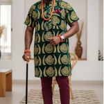 Stylish Green and Gold Velvet Isiagu Shirt by Dupsie's African Fashion, featuring intricate designs and high collar