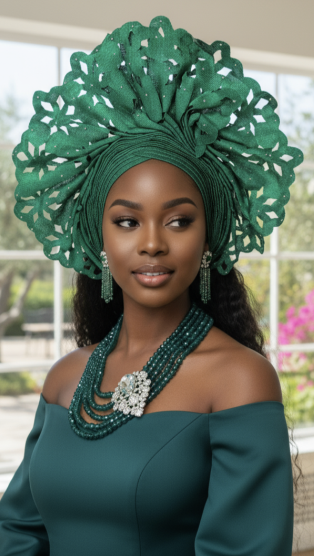 Green Aso Oke Autogele ready gele crown head wrap with rhinestones
