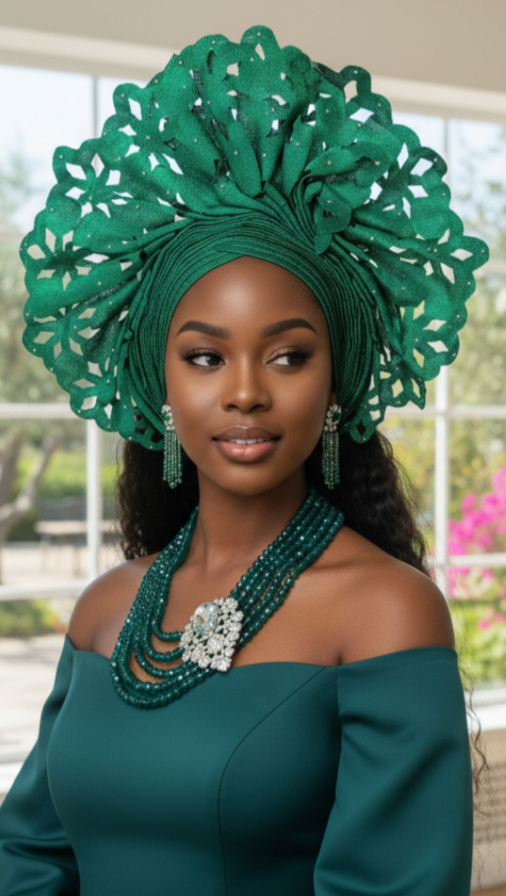 Green Aso Oke Autogele ready gele crown head wrap with rhinestones