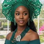 Green Aso Oke Autogele ready gele crown head wrap with rhinestones